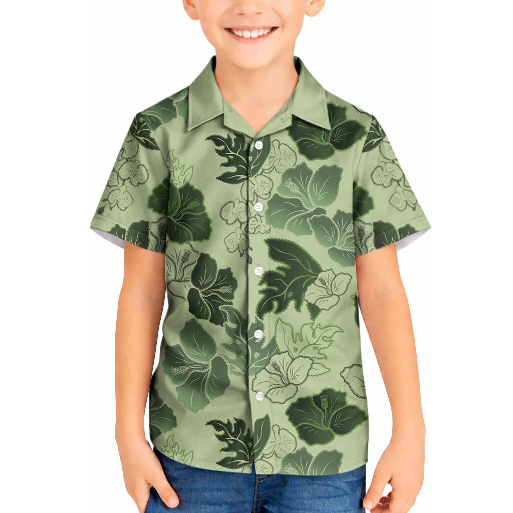 Vesuvian Green Aloha Hawaii Hibiscus Orchid Seamless Kid Hawaiian Shirt