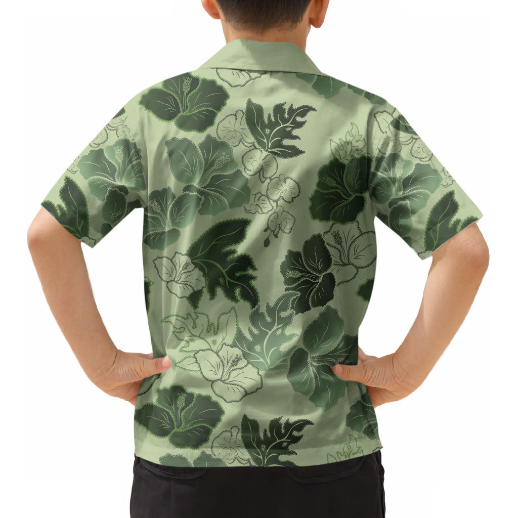 Vesuvian Green Aloha Hawaii Hibiscus Orchid Seamless Kid Hawaiian Shirt