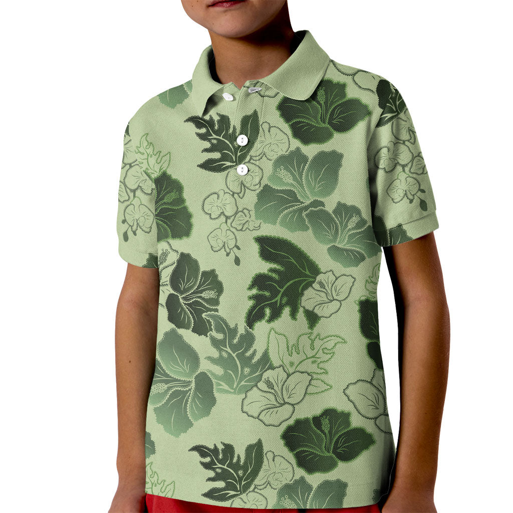 Vesuvian Green Aloha Hawaii Hibiscus Orchid Seamless Kid Polo Shirt