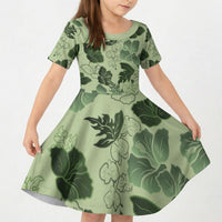 Vesuvian Green Aloha Hawaii Hibiscus Orchid Seamless Kid Short Sleeve Dress