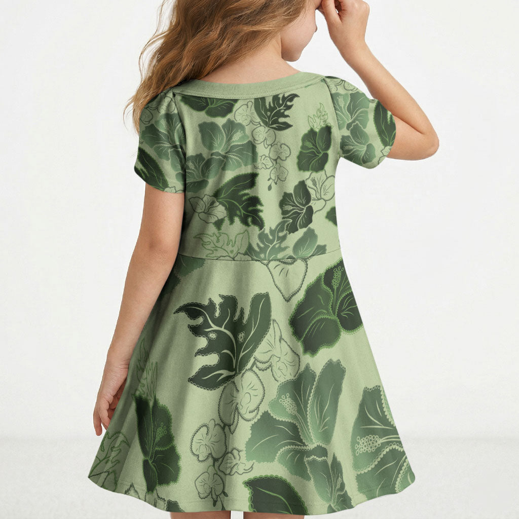 Vesuvian Green Aloha Hawaii Hibiscus Orchid Seamless Kid Short Sleeve Dress