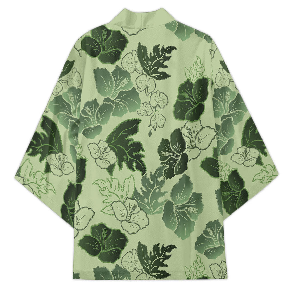 Vesuvian Green Aloha Hawaii Hibiscus Orchid Seamless Kimono