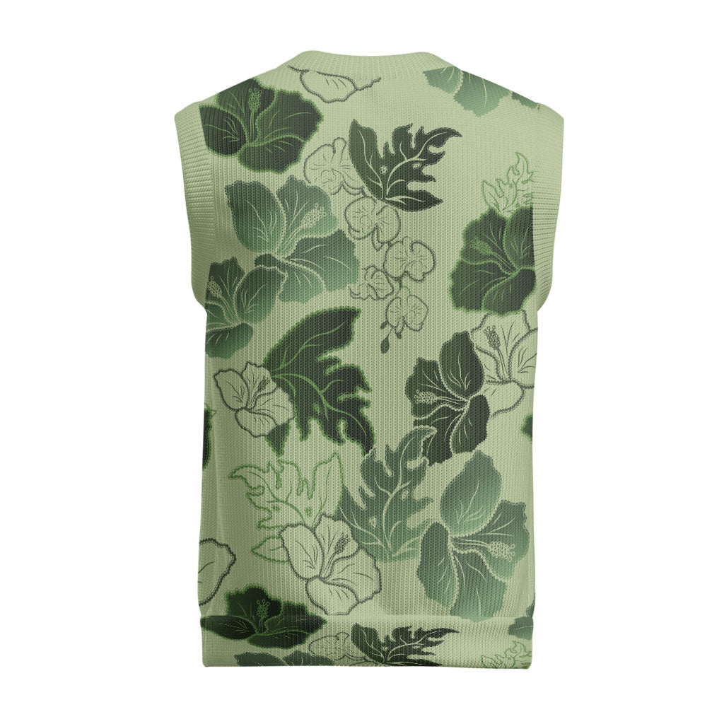 Vesuvian Green Aloha Hawaii Hibiscus Orchid Seamless Christmas Knitted V-Neck Vest