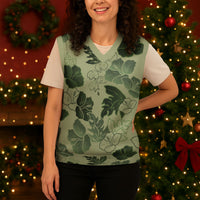 Vesuvian Green Aloha Hawaii Hibiscus Orchid Seamless Christmas Knitted V-Neck Vest