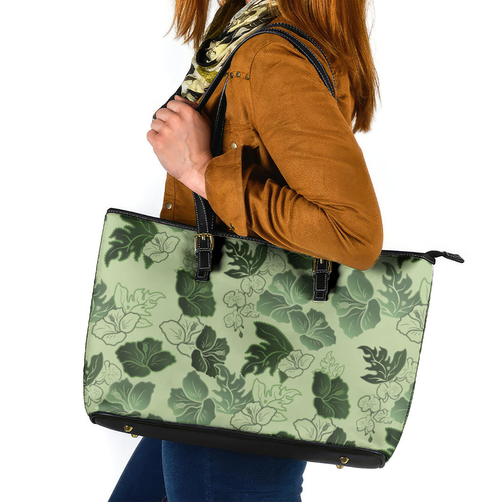 Vesuvian Green Aloha Hawaii Hibiscus Orchid Seamless Leather Tote Bag