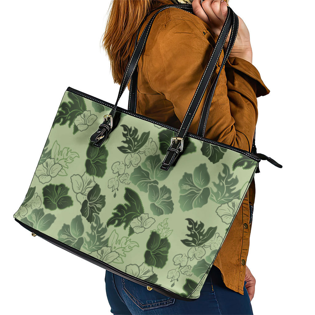 Vesuvian Green Aloha Hawaii Hibiscus Orchid Seamless Leather Tote Bag