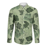 Vesuvian Green Aloha Hawaii Hibiscus Orchid Seamless Long Sleeve Button Shirt