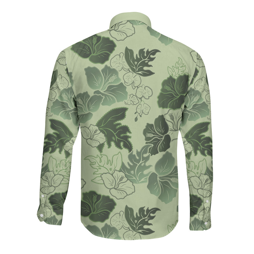 Vesuvian Green Aloha Hawaii Hibiscus Orchid Seamless Long Sleeve Button Shirt