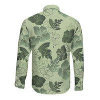 Vesuvian Green Aloha Hawaii Hibiscus Orchid Seamless Long Sleeve Button Shirt