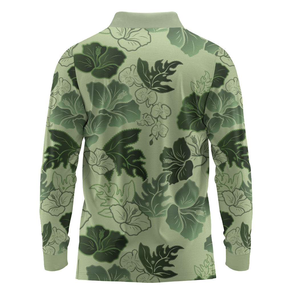 Vesuvian Green Aloha Hawaii Hibiscus Orchid Seamless Long Sleeve Polo Shirt