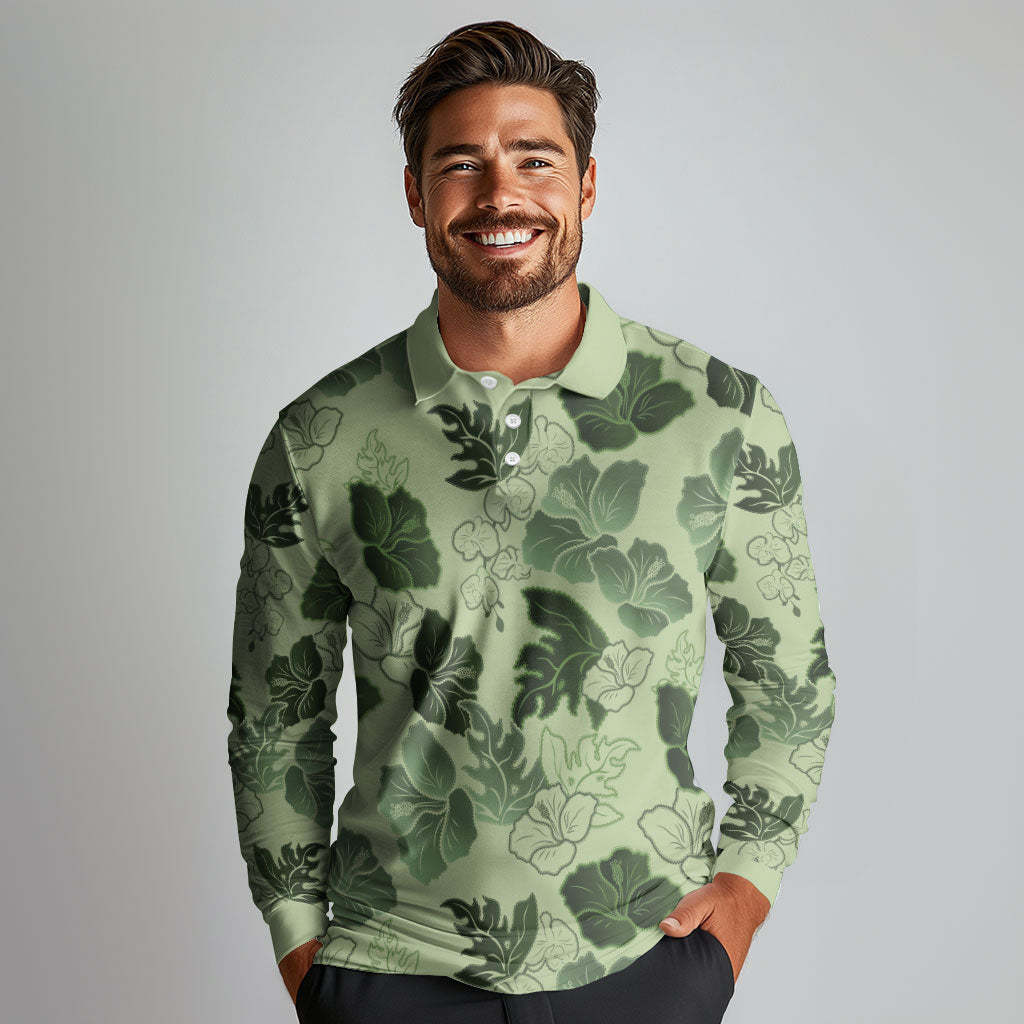 Vesuvian Green Aloha Hawaii Hibiscus Orchid Seamless Long Sleeve Polo Shirt