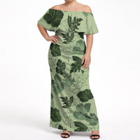 Vesuvian Green Aloha Hawaii Hibiscus Orchid Seamless Off Shoulder Maxi Dress