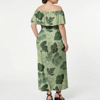 Vesuvian Green Aloha Hawaii Hibiscus Orchid Seamless Off Shoulder Maxi Dress