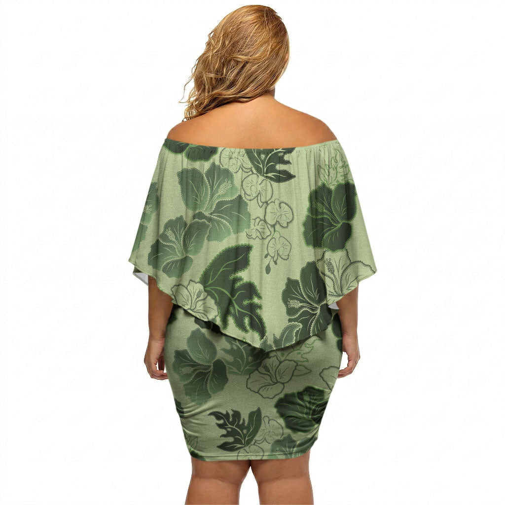Vesuvian Green Aloha Hawaii Hibiscus Orchid Seamless Off Shoulder Short Dress
