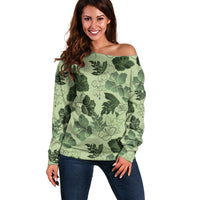 Vesuvian Green Aloha Hawaii Hibiscus Orchid Seamless Off Shoulder Sweater