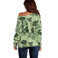 Vesuvian Green Aloha Hawaii Hibiscus Orchid Seamless Off Shoulder Sweater