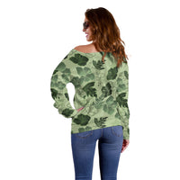 Vesuvian Green Aloha Hawaii Hibiscus Orchid Seamless Off Shoulder Sweater