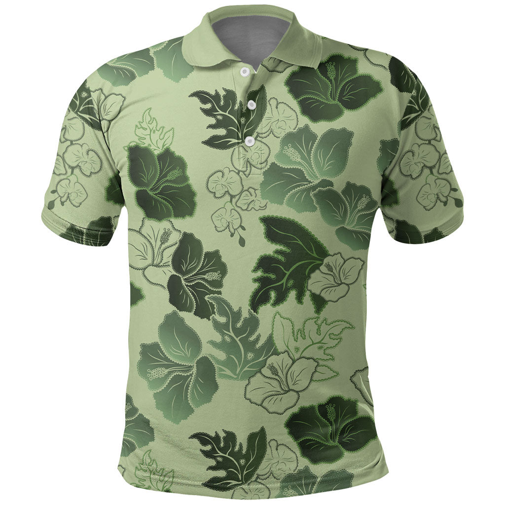 Vesuvian Green Aloha Hawaii Hibiscus Orchid Seamless Polo Shirt