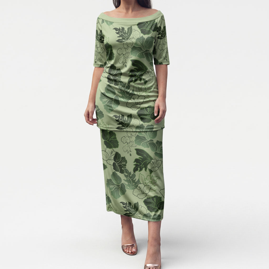 Vesuvian Green Aloha Hawaii Hibiscus Orchid Seamless Puletasi