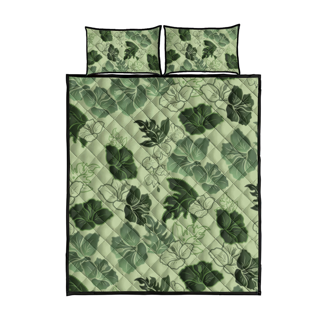Vesuvian Green Aloha Hawaii Hibiscus Orchid Seamless Quilt Bed Set
