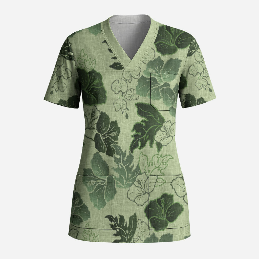 Vesuvian Green Aloha Hawaii Hibiscus Orchid Seamless Scrub Top