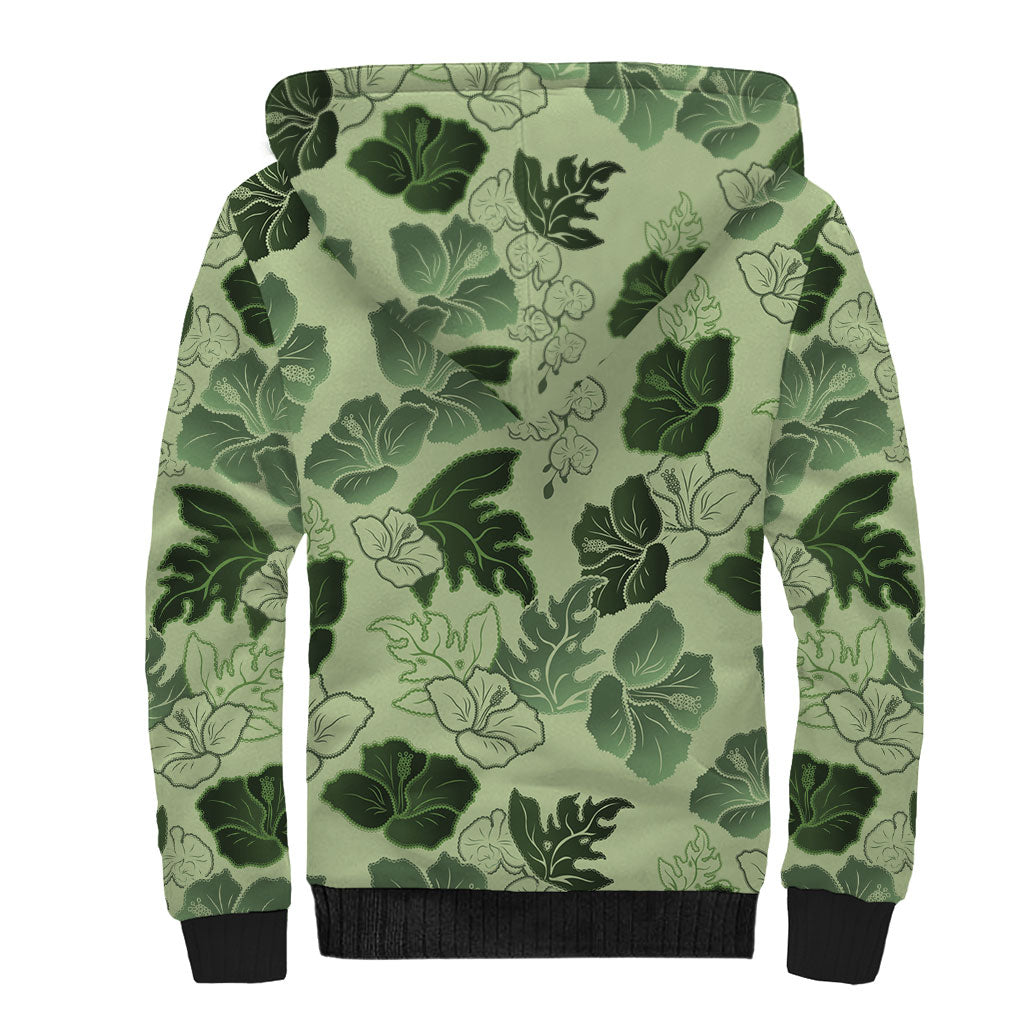 Vesuvian Green Aloha Hawaii Hibiscus Orchid Seamless Sherpa Hoodie