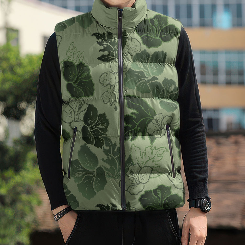 Vesuvian Green Aloha Hawaii Hibiscus Orchid Seamless Sleeveless Puffer Jacket