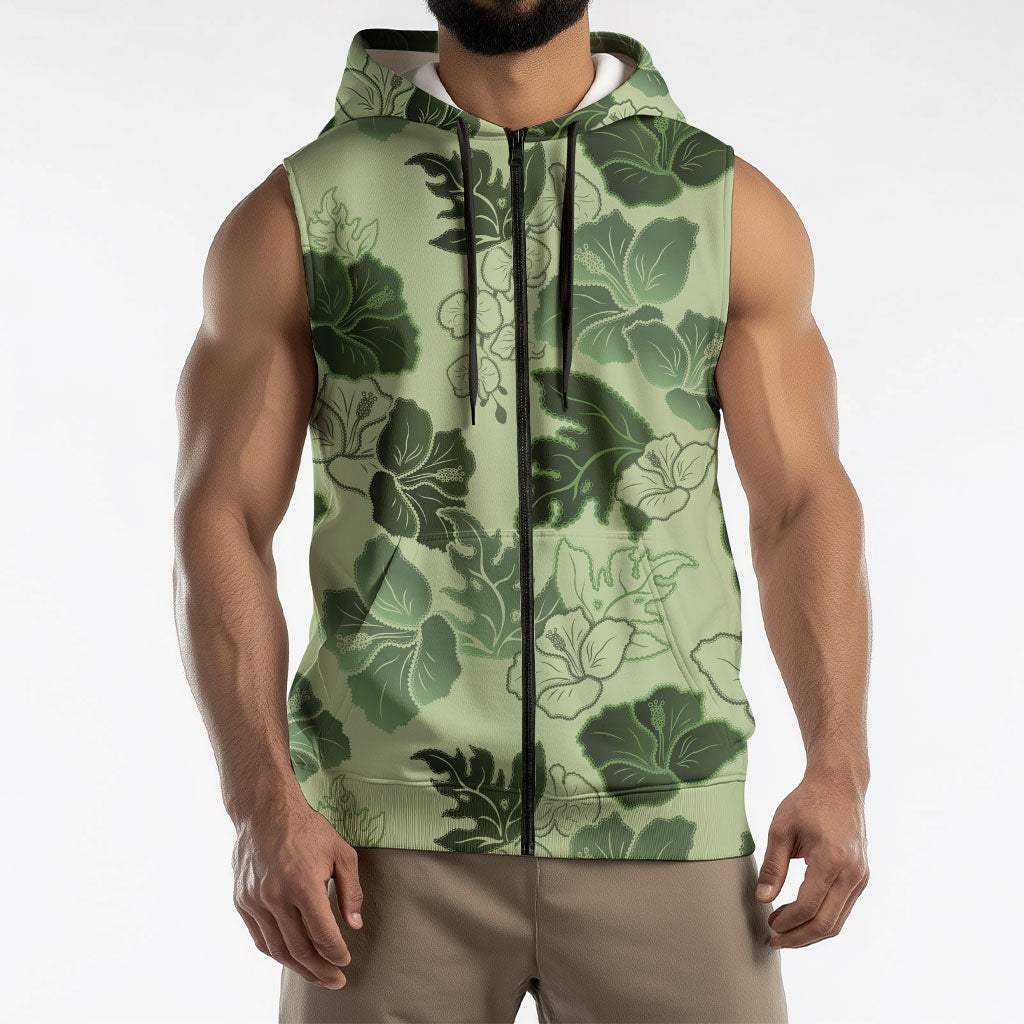 Vesuvian Green Aloha Hawaii Hibiscus Orchid Seamless Sleeveless Zip Hoodie