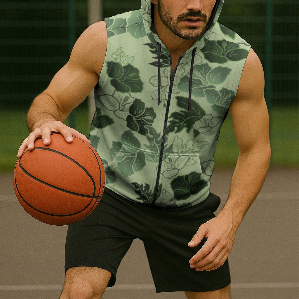 Vesuvian Green Aloha Hawaii Hibiscus Orchid Seamless Sleeveless Zip Hoodie