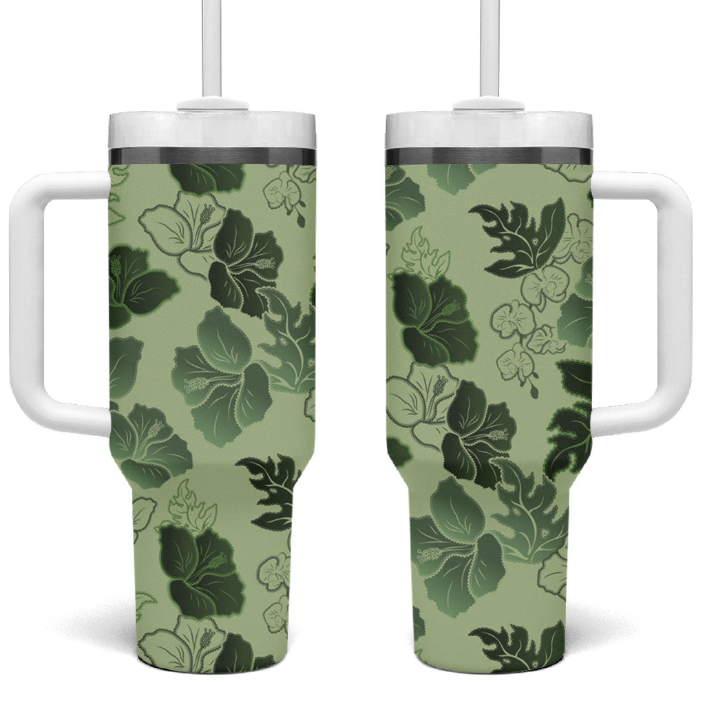 Vesuvian Green Aloha Hawaii Hibiscus Orchid Seamless Tumbler With Handle