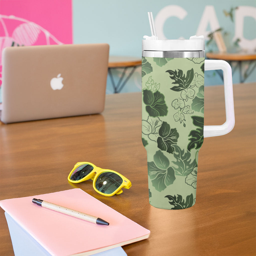 Vesuvian Green Aloha Hawaii Hibiscus Orchid Seamless Tumbler With Handle