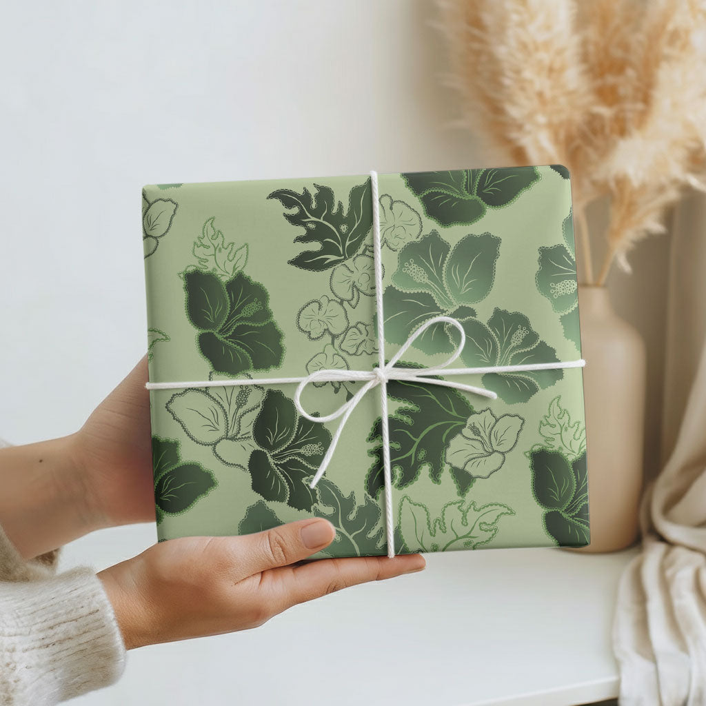Vesuvian Green Aloha Hawaii Hibiscus Orchid Seamless Wrapping Paper
