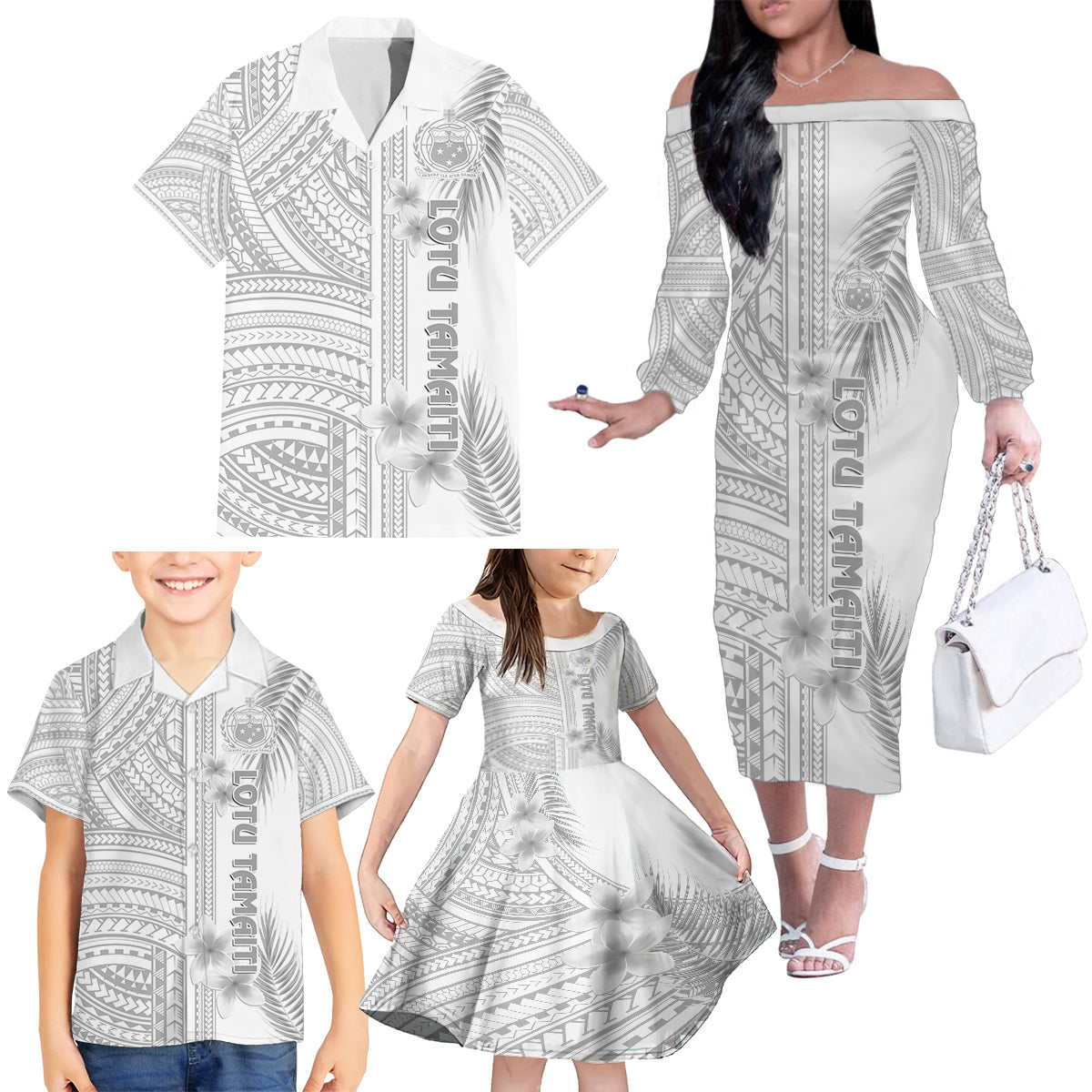 personalised-samoa-white-sunday-family-matching-off-shoulder-long-sleeve-dress-and-hawaiian-shirt-manuia-le-aso-sa-o-tamaiti-polynesian-plumeria