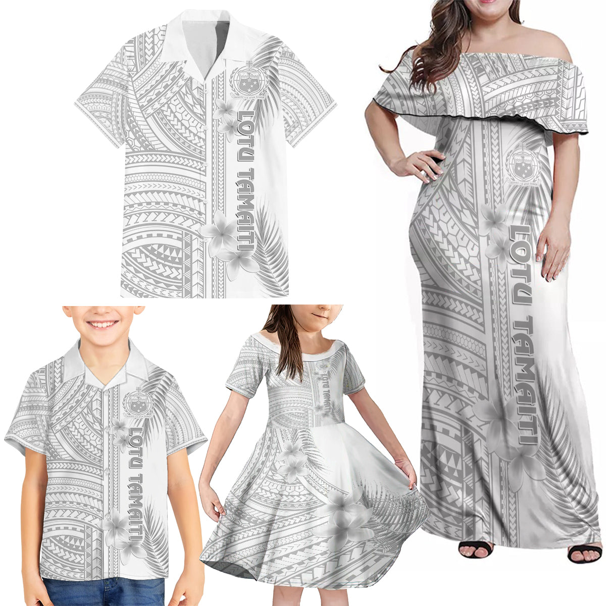 personalised-samoa-white-sunday-family-matching-off-shoulder-maxi-dress-and-hawaiian-shirt-manuia-le-aso-sa-o-tamaiti-polynesian-plumeria