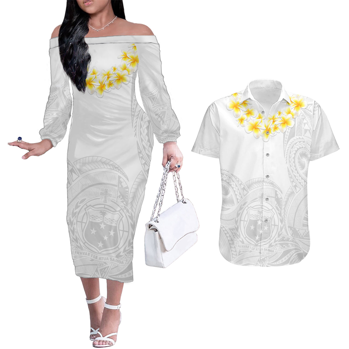 Samoa White Sunday Couples Matching Off The Shoulder Long Sleeve Dress and Hawaiian Shirt Lotu Tamaiti 2023 With Coat Of Arms LT14 White - Polynesian Pride
