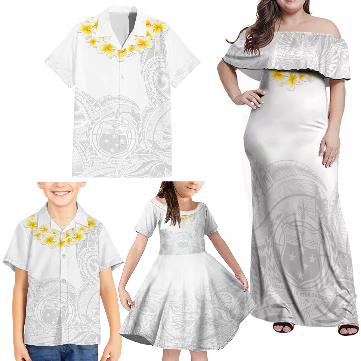 Samoa White Sunday Family Matching Off Shoulder Maxi Dress and Hawaiian Shirt Lotu Tamaiti 2023 With Coat Of Arms LT14 - Polynesian Pride