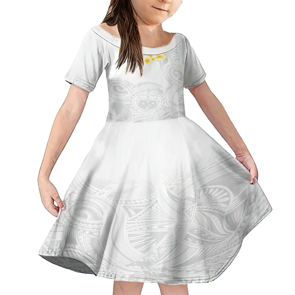 Samoa White Sunday Kid Short Sleeve Dress Lotu Tamaiti 2023 With Coat Of Arms LT14 KID White - Polynesian Pride