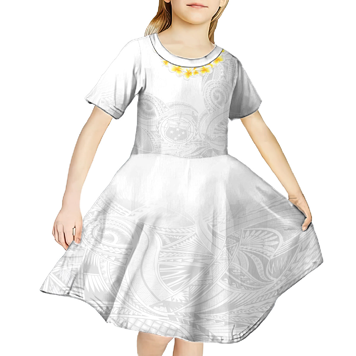 Samoa White Sunday Kid Short Sleeve Dress Lotu Tamaiti 2023 With Coat Of Arms LT14 - Polynesian Pride