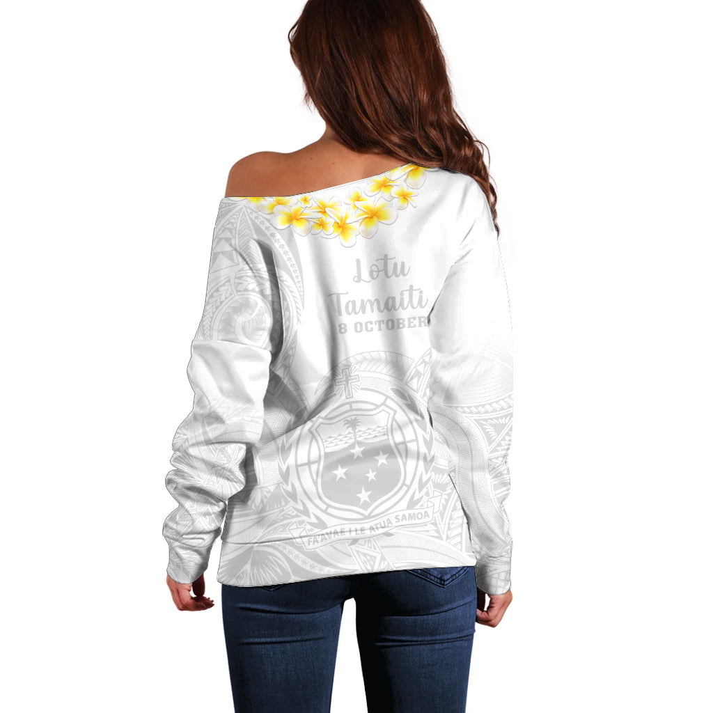 Samoa White Sunday Off Shoulder Sweater Lotu Tamaiti 2023 With Coat Of Arms LT14 - Polynesian Pride