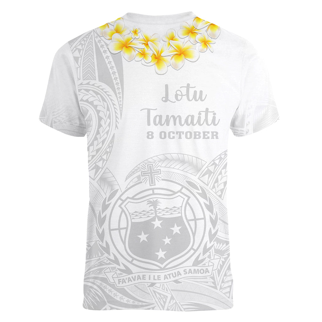 Samoa White Sunday Women V Neck T Shirt Lotu Tamaiti 2023 With Coat Of Arms LT14 - Polynesian Pride