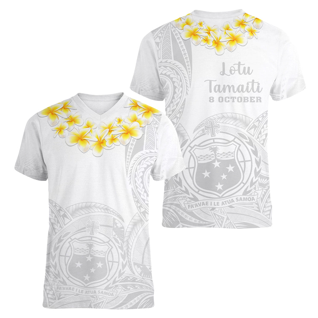 Samoa White Sunday Women V Neck T Shirt Lotu Tamaiti 2023 With Coat Of Arms LT14 - Polynesian Pride