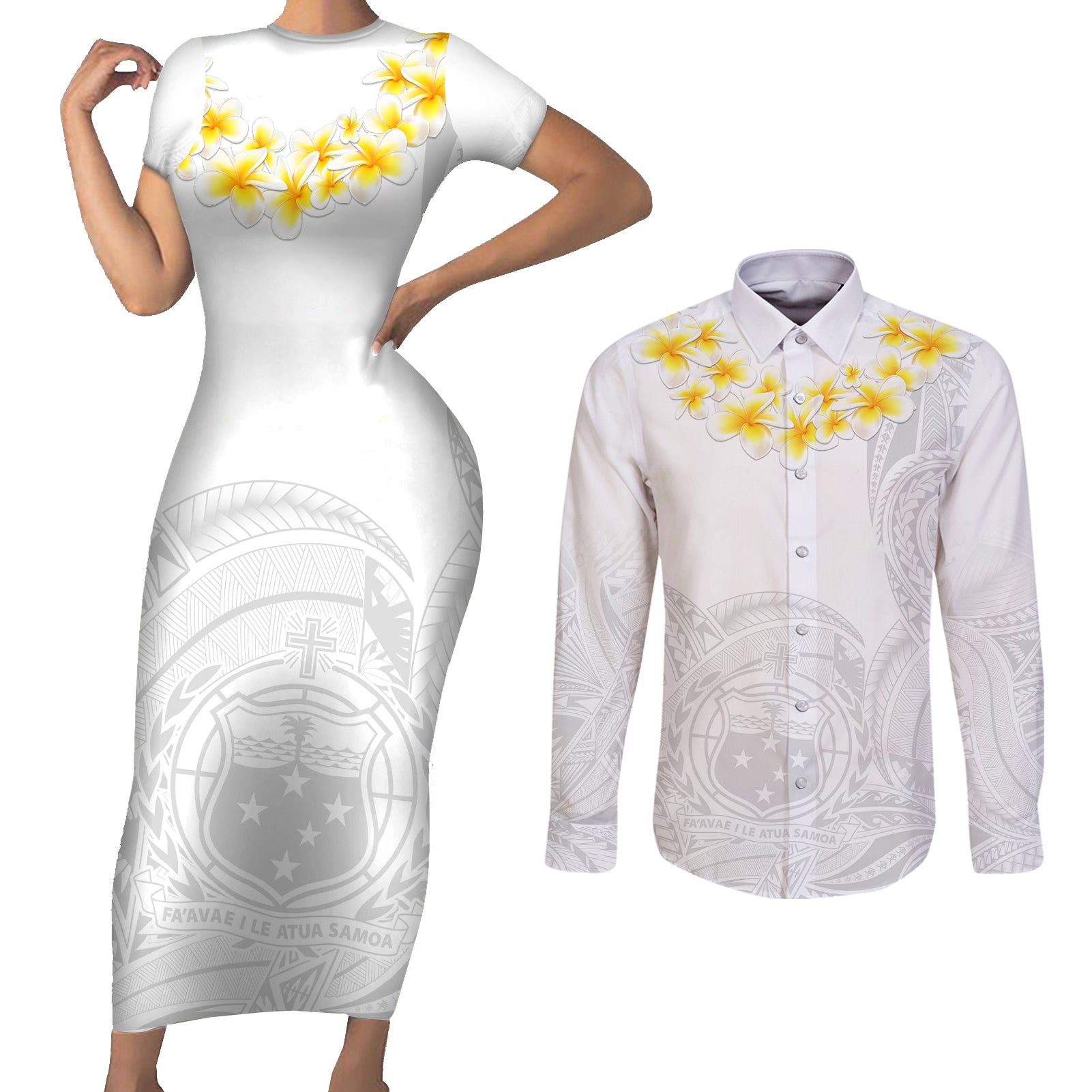 Personalised Samoa White Sunday Couples Matching Short Sleeve Bodycon Dress and Long Sleeve Button Shirts Lotu Tamaiti 2023 With Coat Of Arms LT14 White - Polynesian Pride