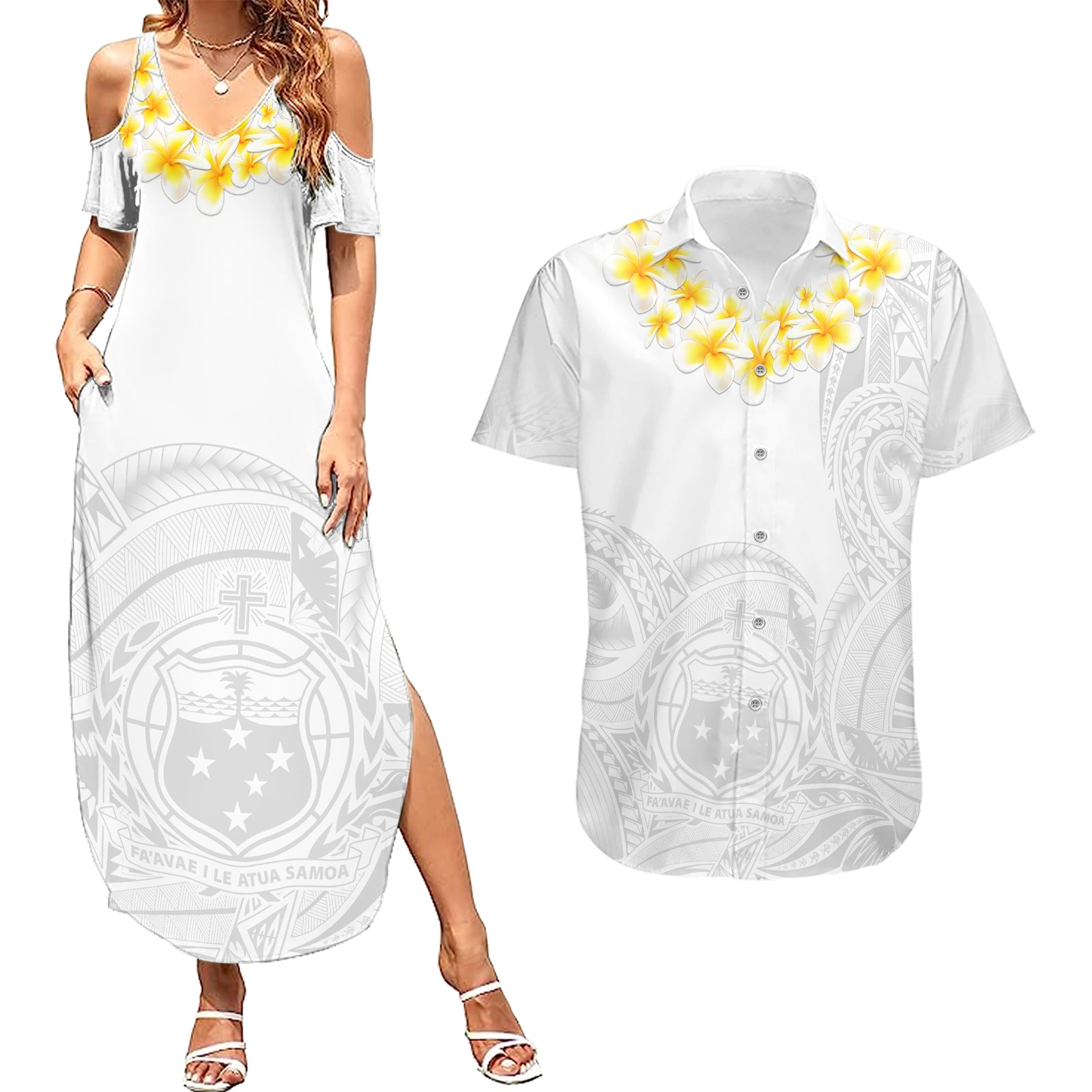 Personalised Samoa White Sunday Couples Matching Summer Maxi Dress and Hawaiian Shirt Lotu Tamaiti 2023 With Coat Of Arms LT14 White - Polynesian Pride