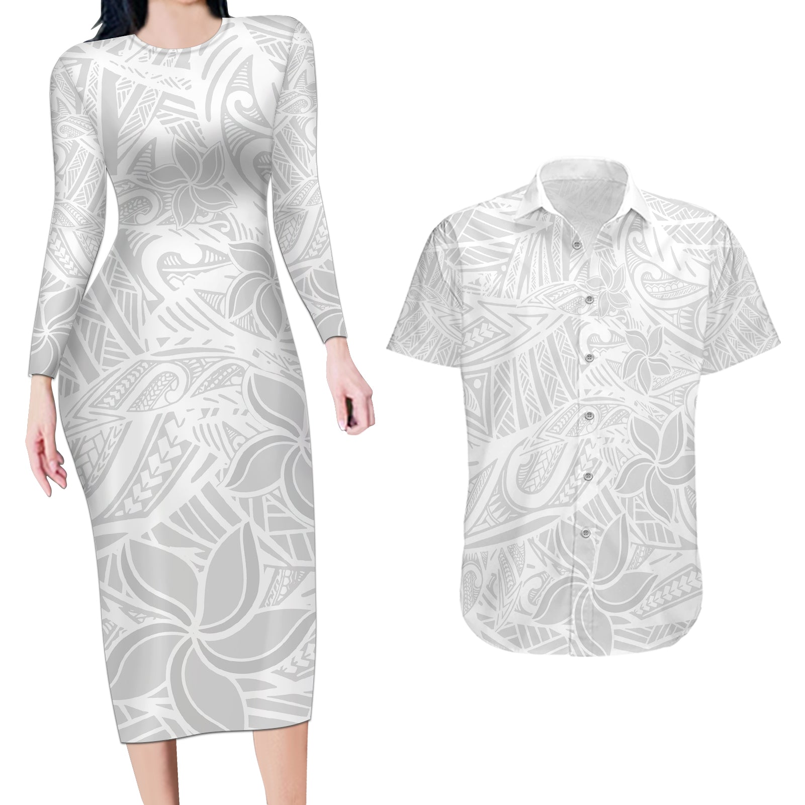 Polynesia White Sunday Couples Matching Long Sleeve Bodycon Dress and Hawaiian Shirt Polynesian Pattern With Tropical Flowers LT14 White - Polynesian Pride