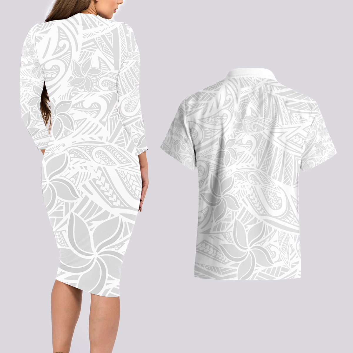 Polynesia White Sunday Couples Matching Long Sleeve Bodycon Dress and Hawaiian Shirt Polynesian Pattern With Tropical Flowers LT14 - Polynesian Pride