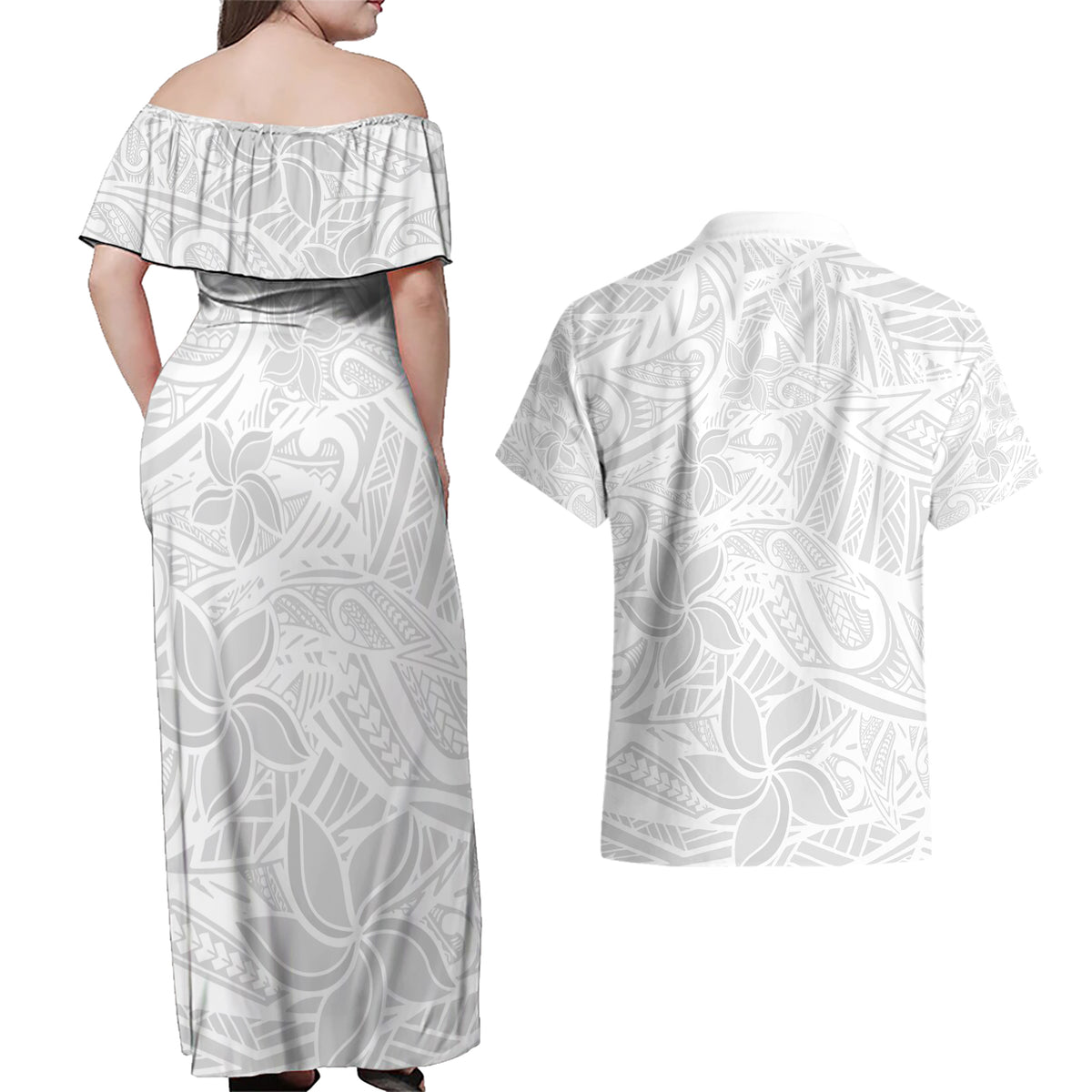 Polynesia White Sunday Couples Matching Off Shoulder Maxi Dress and Hawaiian Shirt Polynesian Pattern With Tropical Flowers LT14 - Polynesian Pride