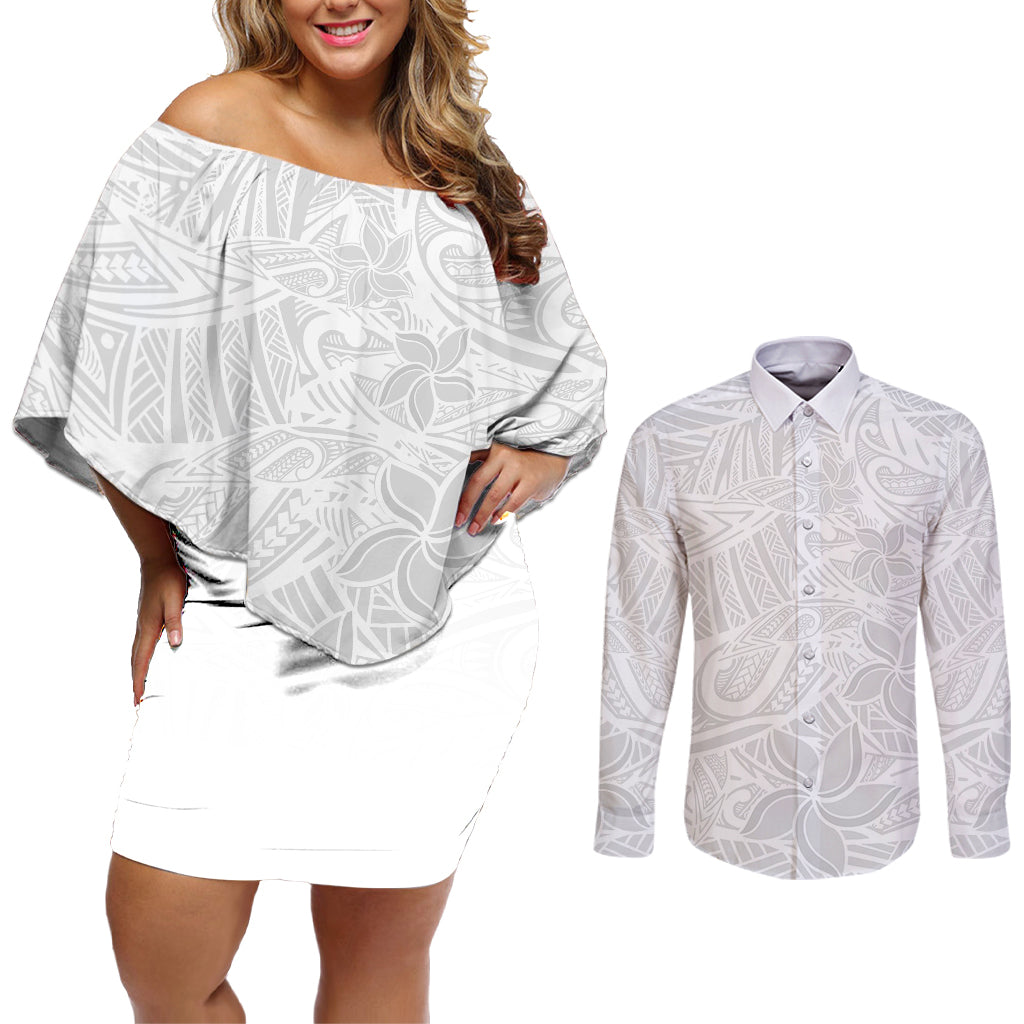 Polynesia White Sunday Couples Matching Off Shoulder Short Dress and Long Sleeve Button Shirts Polynesian Pattern With Tropical Flowers LT14 White - Polynesian Pride