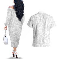 Polynesia White Sunday Couples Matching Off The Shoulder Long Sleeve Dress and Hawaiian Shirt Polynesian Pattern With Tropical Flowers LT14 - Polynesian Pride