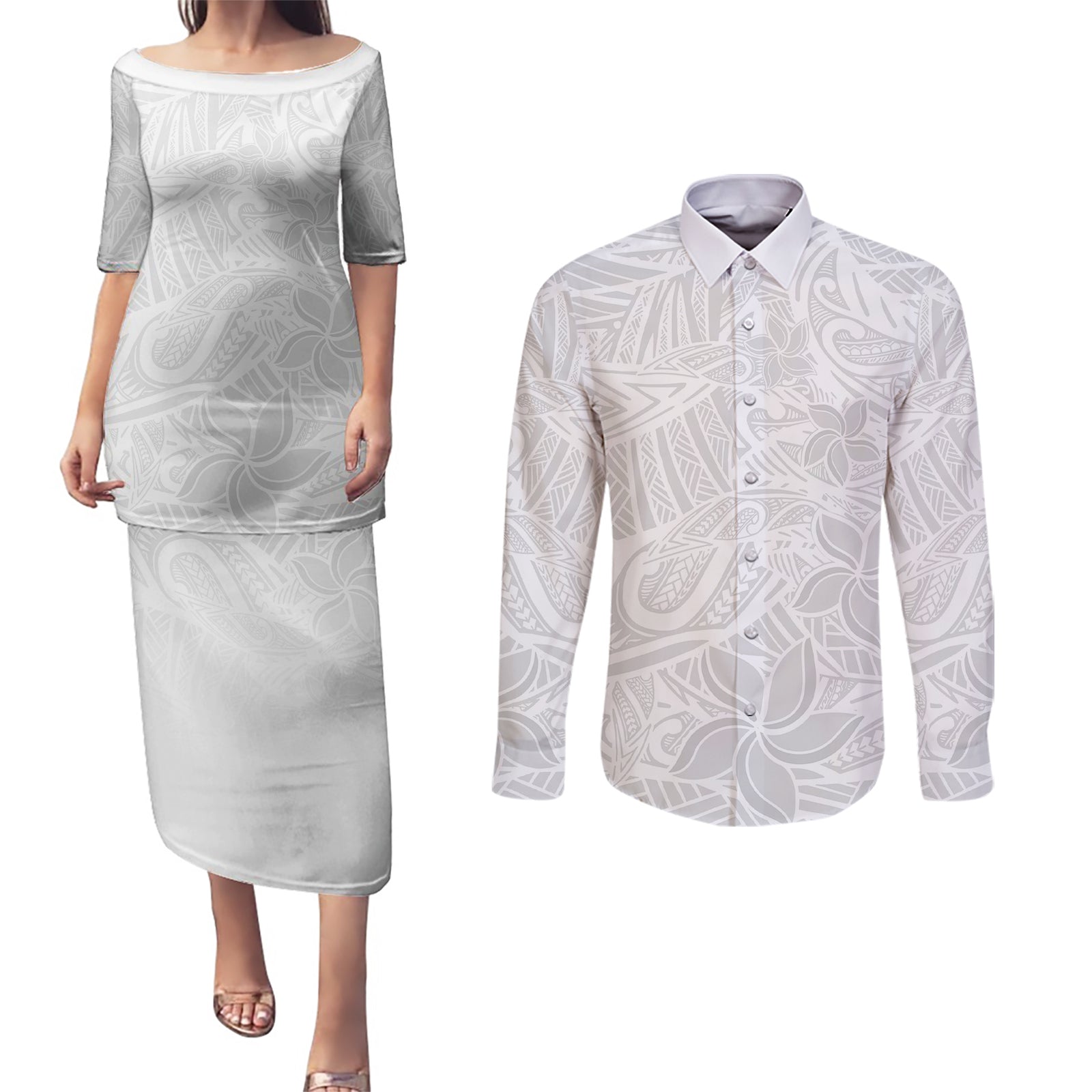Polynesia White Sunday Couples Matching Puletasi Dress and Long Sleeve Button Shirts Polynesian Pattern With Tropical Flowers LT14 White - Polynesian Pride