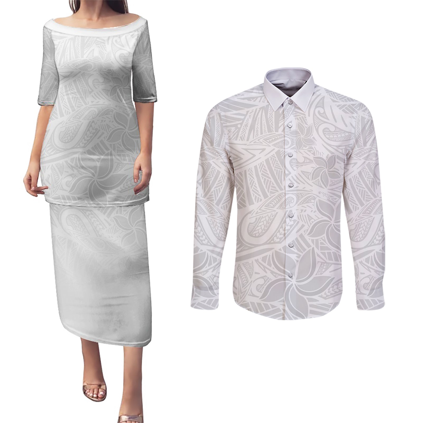 Polynesia White Sunday Couples Matching Puletasi Dress and Long Sleeve Button Shirts Polynesian Pattern With Tropical Flowers LT14 White - Polynesian Pride